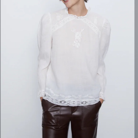 Zara Ramie Embroidered crotcheted Long Sleeve Blouse - Picture 5 of 17